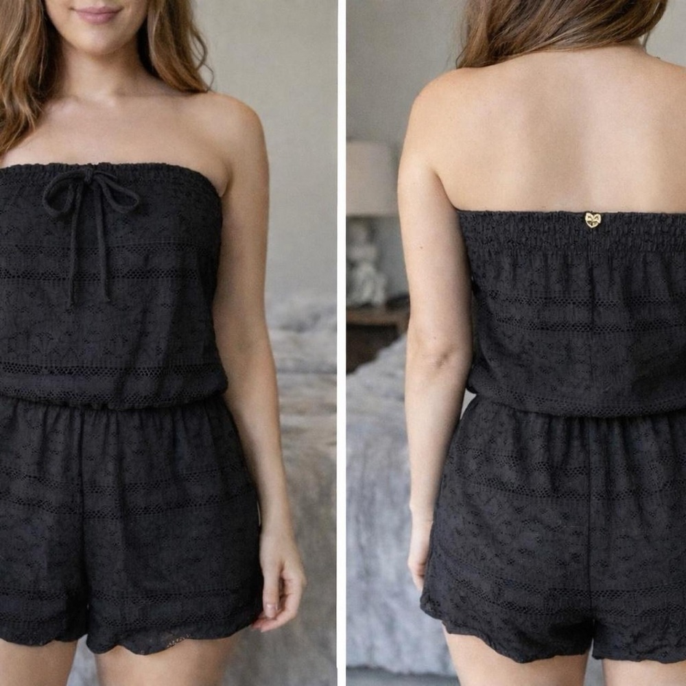 Victoria's Secret Black Strapless Eyelet Romper